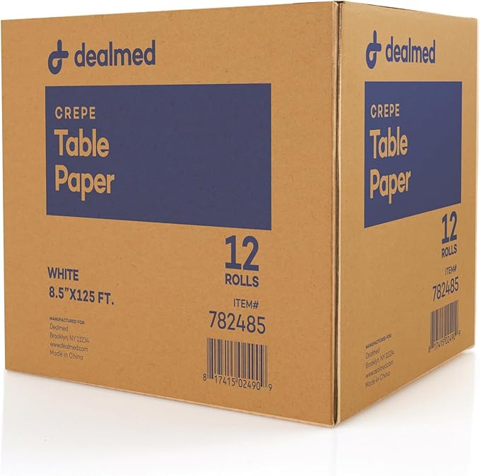 Dealmed Headrest Paper Roll | Smaller 8.5" x 125' Disposable Covers for Dentists, Diaper Changing, Waxing, Chiropractor, Tracing, Drawing, Coloring | Crepe, White, 12 Rolls/Case