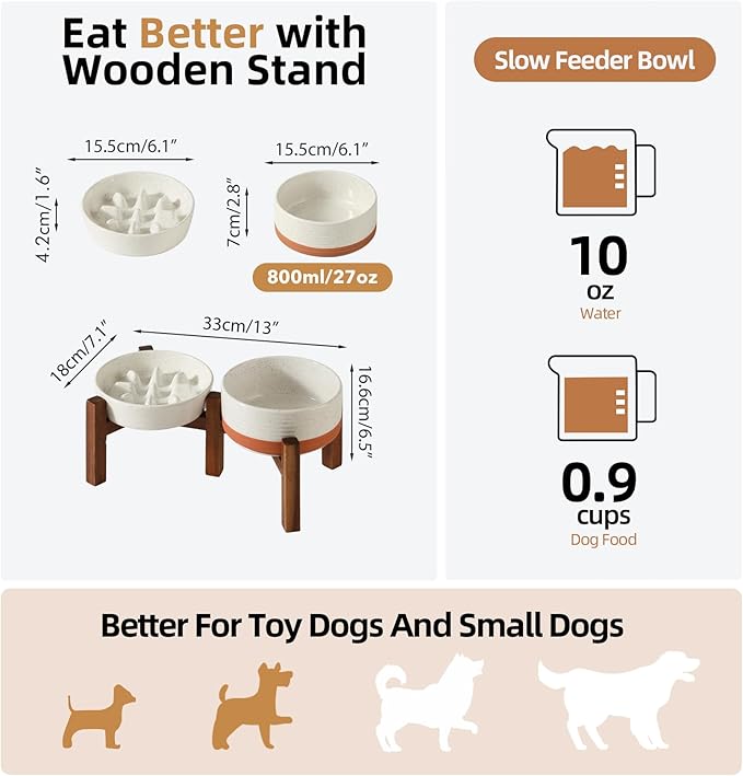 Ceramic 0.9 Cup Raised Slow Feeder Dog Food and Water Bowl Set, Elevated 6.1inch Bowl and 6.1inch Dish with Acacia Wood Stand for Small Dogs(2 x Vanilla White+ Stand)