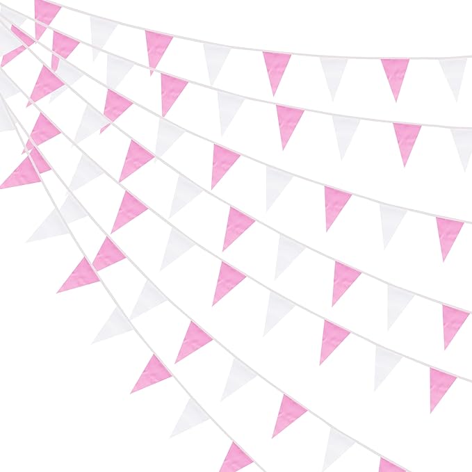 100 Feet Pink & White Pennant Banner Flags String Hanging Pink & White DIY Triangle Bunting Flags,Party Decorations for Grand Opening,Party Events Celebration,Kids Birthday,60 Pcs
