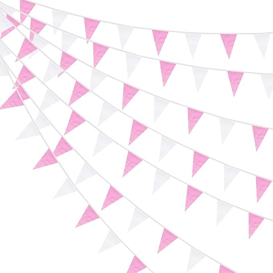 100 Feet Pink & White Pennant Banner Flags String Hanging Pink & White DIY Triangle Bunting Flags,Party Decorations for Grand Opening,Party Events Celebration,Kids Birthday,60 Pcs
