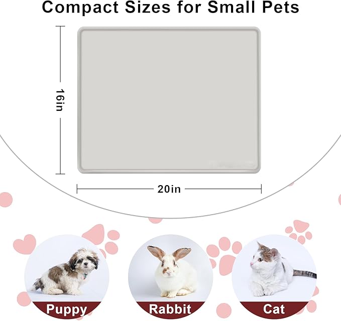 Dog Water Mat 2-Pack 20×16in - Silicone Dog Mats for Food and Water, Non-Slip Pet Feeding Mat for Floors, Waterproof Cat Bowl Mats to Prevent Spills - Silver Gray & Cream