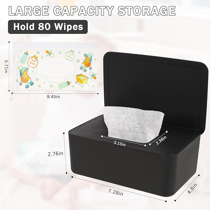 Whiidoom Diaper Wipes Dispenser Wipes Holder, Wipes Tissue Case Keeps Wipes Fresh Tissue Wipes Container with Lid (Black)