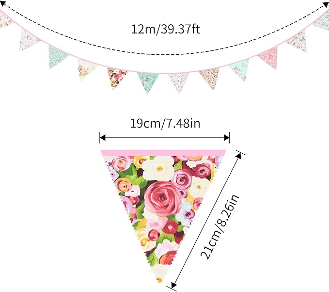 G2PLUS 39Ft Triangle Bunting Banner, 42pcs Cotton Pennant Banner, Reusable Pink Green Fabric Triangle Flags Party Decoration for Birthday, Wedding, Baby Shower, Room Decor