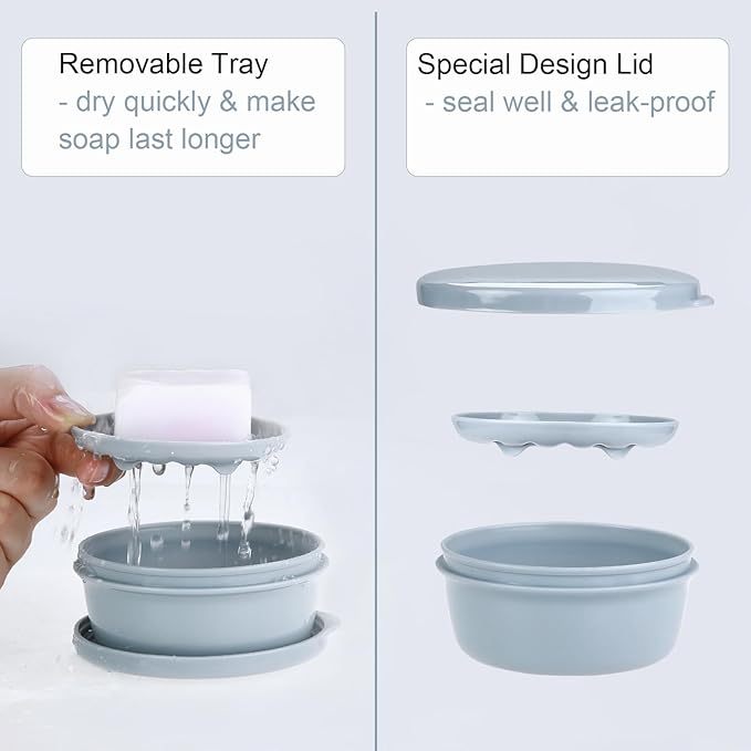 2 Pack Travel Soap Container, Round Portable Soap Dishes for Soap and Shampoo Bars, Soap Holder for Travel Shower Gym Bathroom (Navy Blue, Gray)