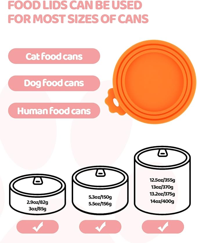 Aecsze 5 PCS Cat Food Can Covers Lids Set, Silicone Pet Food Can Lids with Multi-Function Cat Food Spoon and Opener, Cat Bar Squeezer, Stainless Steel Wet Food Spoon for Cats and Dogs (Orange)