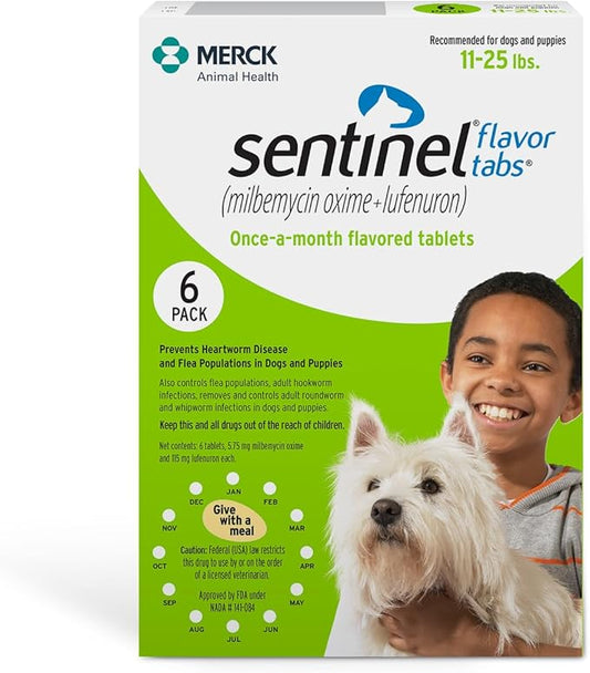 Sentinel Flavor Tabs for Dogs, 11-25 lbs, 6 Chewable Tablets, 6-month supply, Green Box