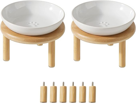 2 Sets of Elevated Ceramic Paw Print Cat Dish, Wide Whisker Friendly Anti-Slip Food & Water Bowl with 2 Heights Adjustable Stands - Pet Bowl Set for Cats (2 Dishes +2 Stands, White)