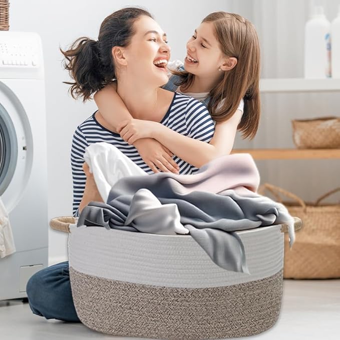 Large Cotton Rope Storage Basket with Handles, Hamper, Laundry Basket, 20 "L x 14" W x 12 "H, Home Decor to Storage Blanket &Toy, etc .(White & Brown)