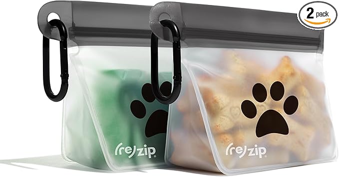 (re) zip Pet On-The-Go Bags 2-pack | Lightweight, Compact, Carabiner Clip | Airtight Closure | Water-Resistant | Food-Safe PEVA | Holds Treats, Poop Bags, Toys | Travel-Friendly
