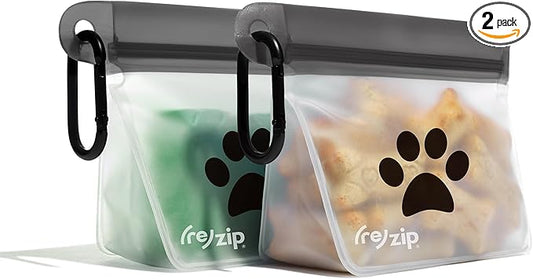 (re) zip Pet On-The-Go Bags 2-pack | Lightweight, Compact, Carabiner Clip | Airtight Closure | Water-Resistant | Food-Safe PEVA | Holds Treats, Poop Bags, Toys | Travel-Friendly