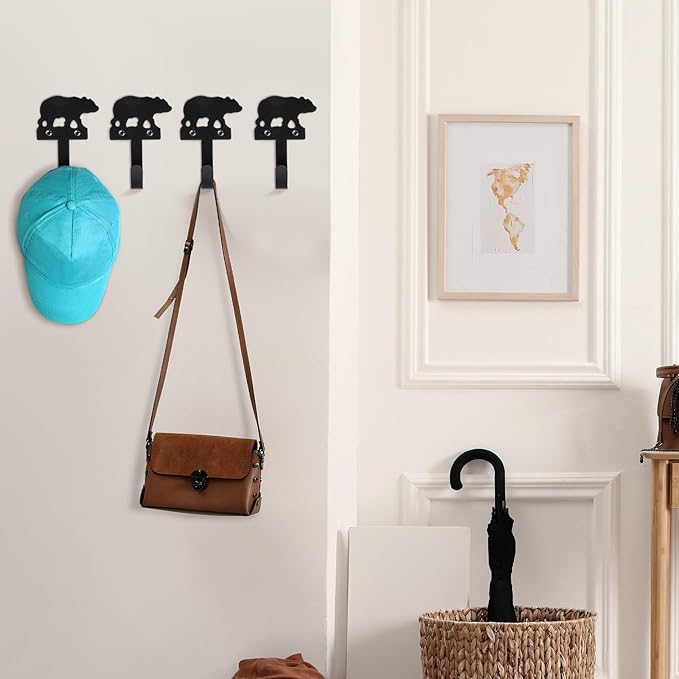 4 pcs Metal Bear Hooks Wall Mount Iron Black Decorative Wall Mounted Coat Hooks Cute Animal Key Hanger Decor for Dog Leashes, Towels, Hats