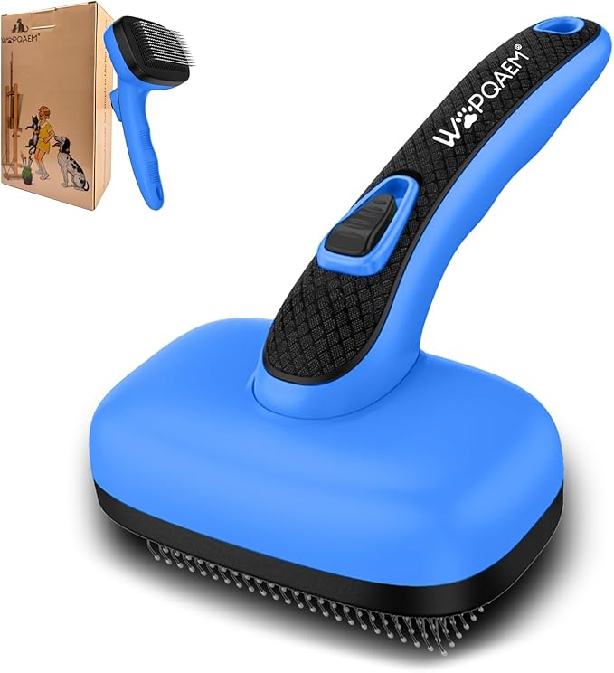 WOPQAEM Self Cleaning Slicker Brush for Dog, Cat, Skin Friendly Shedding & Grooming Tool for Long and Short Haired Pets, Easy Clean Retractable Bristles, Blue