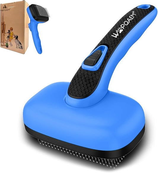 WOPQAEM Self Cleaning Slicker Brush for Dog, Cat, Skin Friendly Shedding & Grooming Tool for Long and Short Haired Pets, Easy Clean Retractable Bristles, Blue