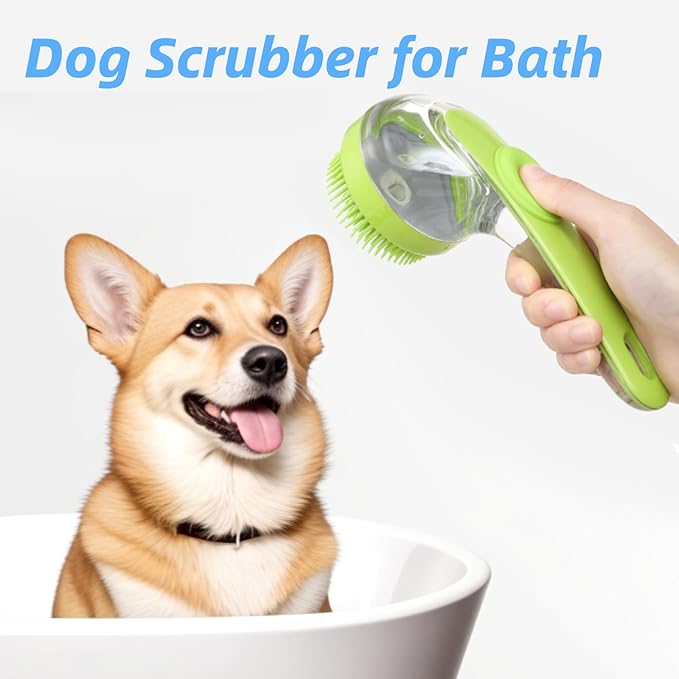 Dog Bath Brush, 2 in 1 Pet Grooming Bath Massage Brush with Soap and Shampoo Dispenser Soft Silicone Bristle Dog Scrubber for Long Short Haired Dogs Cats Shower-Blue