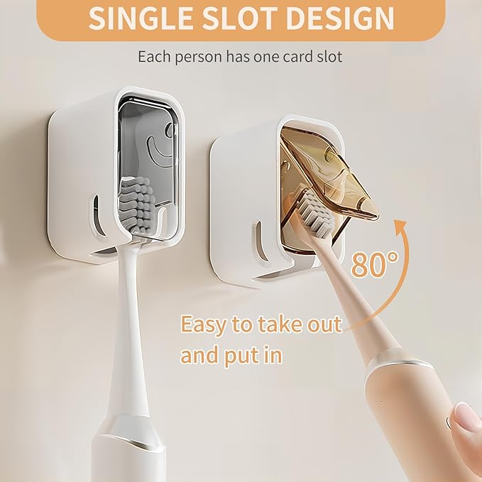 Wall Mounted Toothbrush Holders for Bathroom, 2 Pcs Strong Self Adhesive Tooth Brush Holder with Cover, Toothbrush Heads Organizer for Family, 1 Brown 1 Grey