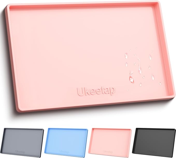 Extra Thick Silicone Mat Waterproof with Raised Edge 19” x 12”, BPA Free Non-Slip Dog & Cat Food Mat, Feeding Mat for Food and Water Bowls, Spill Proof Mat to Protect Floors, Pink
