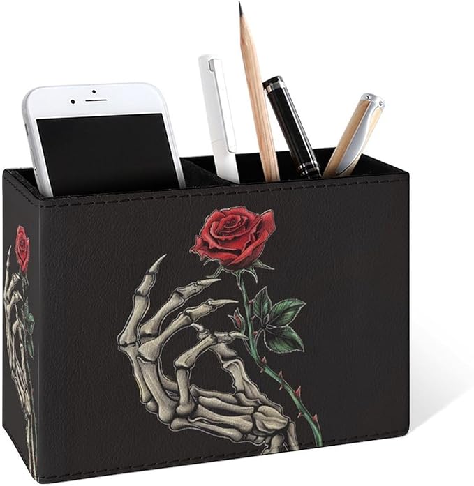 Famame Skeleton Hand Rose Thorn Pencil Holder for Desk, Leather Desktop Container Pen Cup Storage Study Table Pen Organizer Makeup Brush Holder for Classroom Office Home
