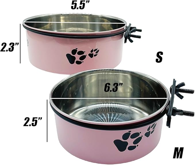Dog Crate Food and Water Bowl 2Pcs Small Pet Hanging Kennel Removable Dish Feeding Cup No Spill with Holder for Medium Large Size Cat Puppy (Pink, 5.5''X2.3''&6.3‘’X2.5'')