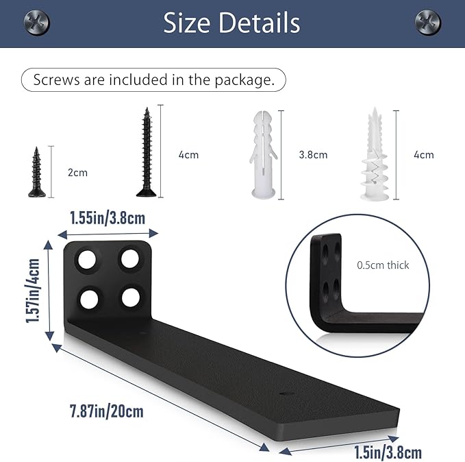 MLOQI 6 Black Pack Heavy Duty Shelf Brackets, L Brackets for Shelves, Brackets for Wood Shelve, 5mm Thick Floating Shelf Bracket Up to 50KG Capacity (8Inch)