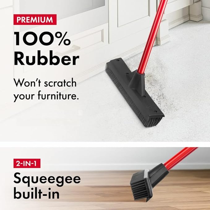 Pet Hair Remover Rubber Broom with Built in Squeegee - Carpet Rake for Pet Hair Removal on Hardwood Floor, Carpet & Tile - Picks Up More Dust & Debris - Rinse to Clean