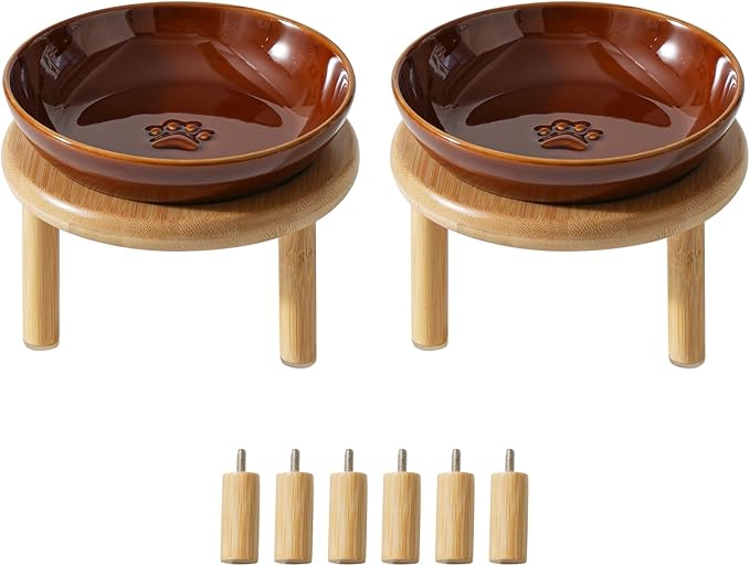 2 Sets of Elevated Ceramic Paw Print Cat Dish, Wide Whisker Friendly Anti-Slip Food & Water Bowl with 2 Heights Adjustable Stands - Pet Bowl Set for Cats (2 Dishes +2 Stands, Caramel Brown)