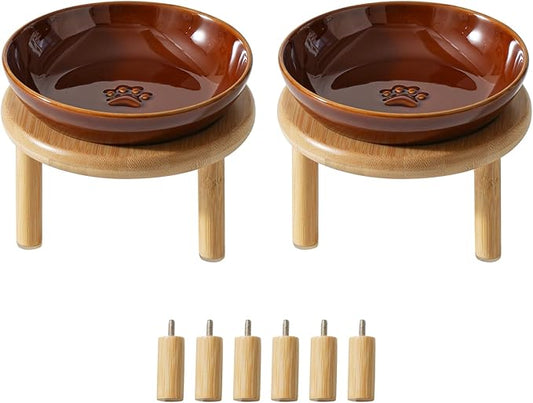 2 Sets of Elevated Ceramic Paw Print Cat Dish, Wide Whisker Friendly Anti-Slip Food & Water Bowl with 2 Heights Adjustable Stands - Pet Bowl Set for Cats (2 Dishes +2 Stands, Caramel Brown)