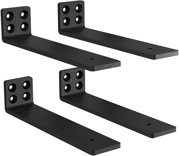 MLOQI 4 Pack Floating Shelf Bracket Heavy Duty, Hidden Shelf Brackets 5mm Thick L Brackets for Shelves up to 50 KG (Black 25cm)