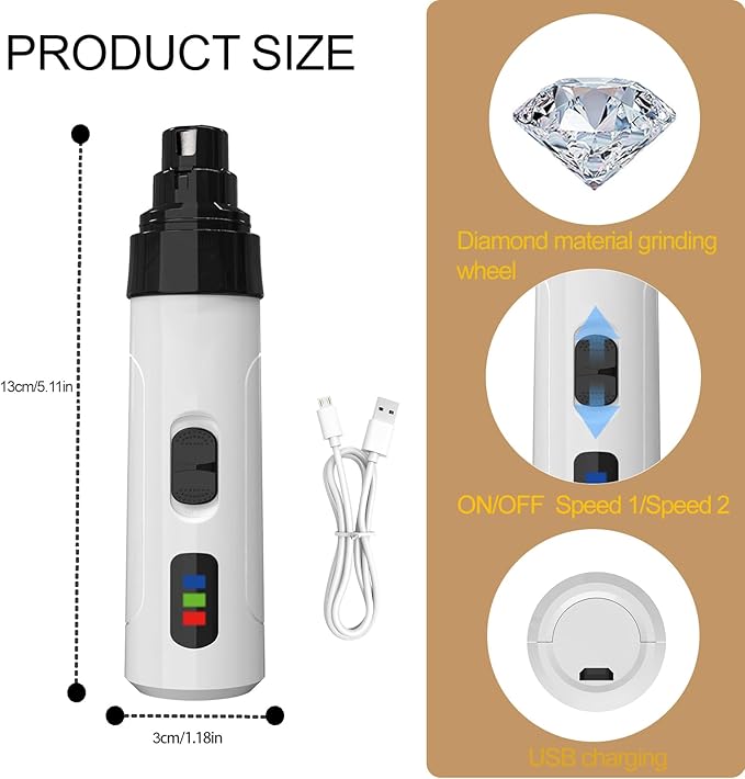 Upgraded Quiet Dog Nail Grinder, Professional 2-Speed Rechargeable Pet Nail Trimmer for Small/Medium/Large Dogs & Cats, Painless Paw Grooming with 2 Replacement Grinding Heads