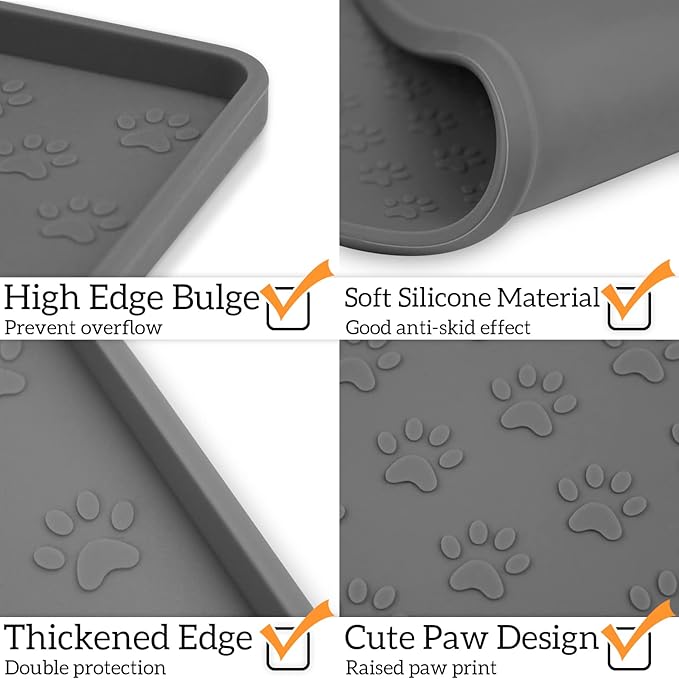 Ptlom Pet Placemat for Dog and Cat, Mat for Prevent Food and Water Overflow, Suitable for Small, Medium and Big Pet,24.5" 16.5", Grey