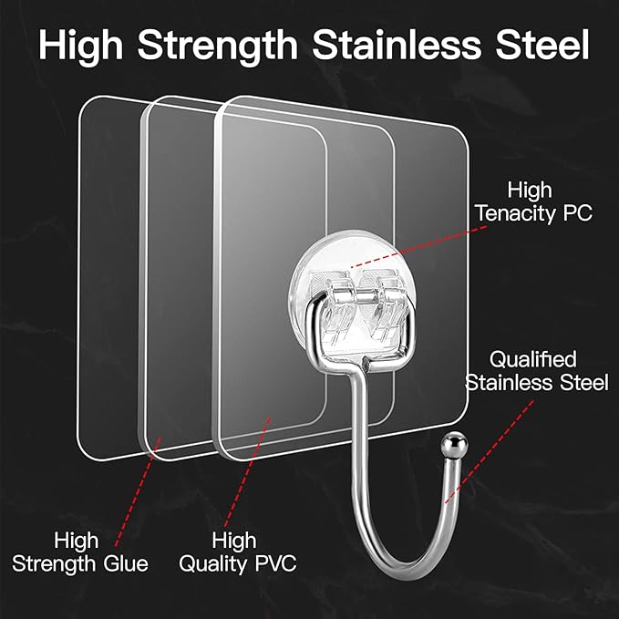 20 Pack Large Adhesive Hooks for Hanging Heavy Duty 44 lb(Max), Self Adhesive Sticky Hooks Waterproof Stainless Steel Wall Hook for Home Bathroom Shower Kitchen Outdoor Utility Hooks