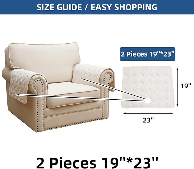 Eismodra Chair Arm Covers,Couch Arm Cover for Sofa Recliner Armchair Cats Dogs,Non Slip Armrest Arm Rest Slipcover Reclining Furniture Protectors (White, Set of 2)
