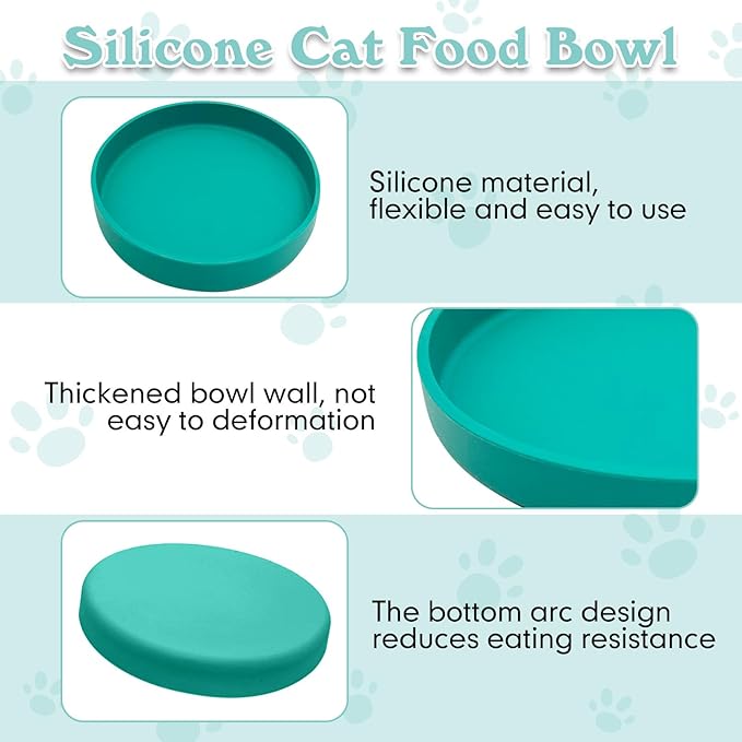 Silicone Dog Bowl Shallow Cat Food Bowls 7" Wide Puppy Plates Whisker Fatigue Pet Feeding Dishes Set of 2 for Dry and Wet Food Indoor (Round Green)