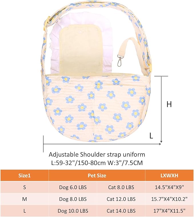 Floral Dog Carrier Bag for Cats & Small Dogs,Carry 10-20LBS Pet Purse, Hands-Free Cat Sling with Adjust Strap, Crossbody Puppy Sling Bag with Safety Buckle, Gifts for Pets Mom (Blue Daisy, Medium)