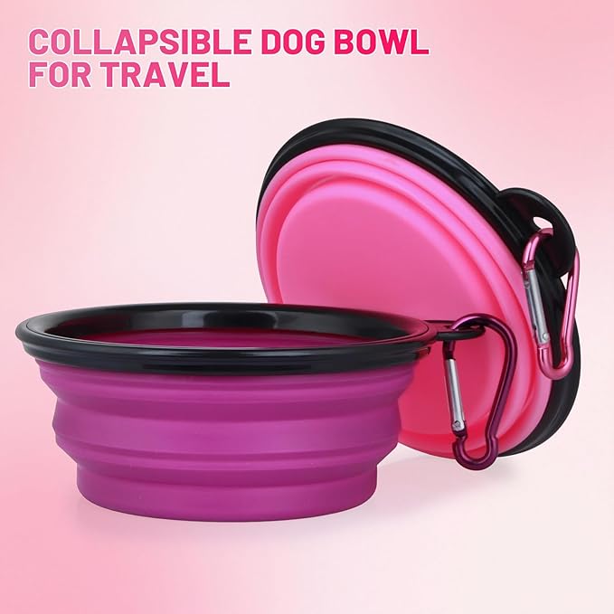 Dog Bowl Pet Collapsible Bowls, 2 Pack Collapsible Dog Water Bowls for Cats Dogs, Portable Pet Feeding Watering Dish for Walking Parking Traveling with 2 Carabiners (Small, Pink+Purple)