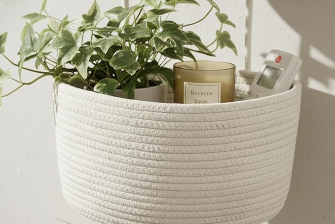 Over the Door Hanging Basket, Decorative Hanging Basket Storage, Organizing, Wall Basket Decorative Boho Decor for Nursery, Bedroom, Living Room with 4 Hooks, Whte