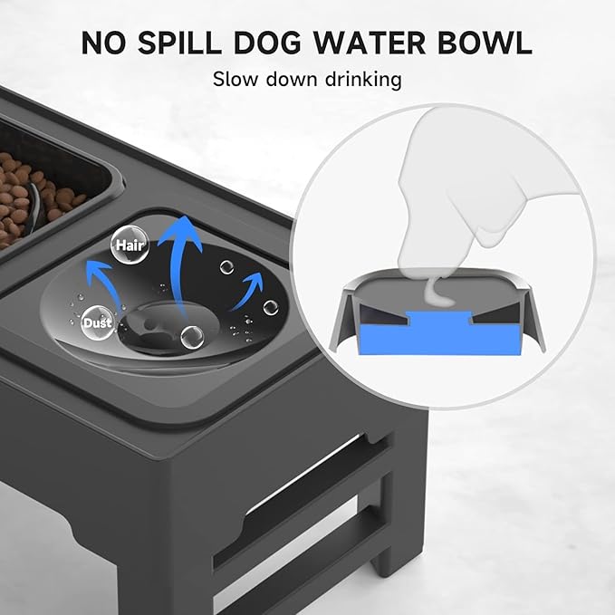 ELS PET Elevated Dog Bowls, Adjustable Raised Dog Bowls with No Spill Dog Water Bowl and Stainless Steel/Slow Feeder, Stand for Small Medium Large Dogs,Cats & Pets (Plastic)