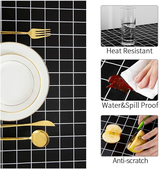 Romanstile Rectangle Vinyl Tablecloth, 100% Waterproof Oil-Proof Checkered Plastic Table Cloth, Heavy Duty Wipeable Table Covers for Dining, Camping, Picnic, Outdoor - 60 x 84 Inch, Black