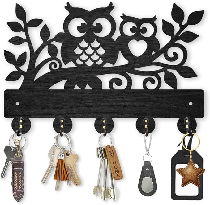 MAYJOYDIY Wood Owl Tree Branch Key Hook,11.8×7.9inch Cute Animal Key Holder for Wall Wild Animal Wall Hook Decorative 5 Alloy Hooks for Gift Entryway Room Farmhouse Cabin
