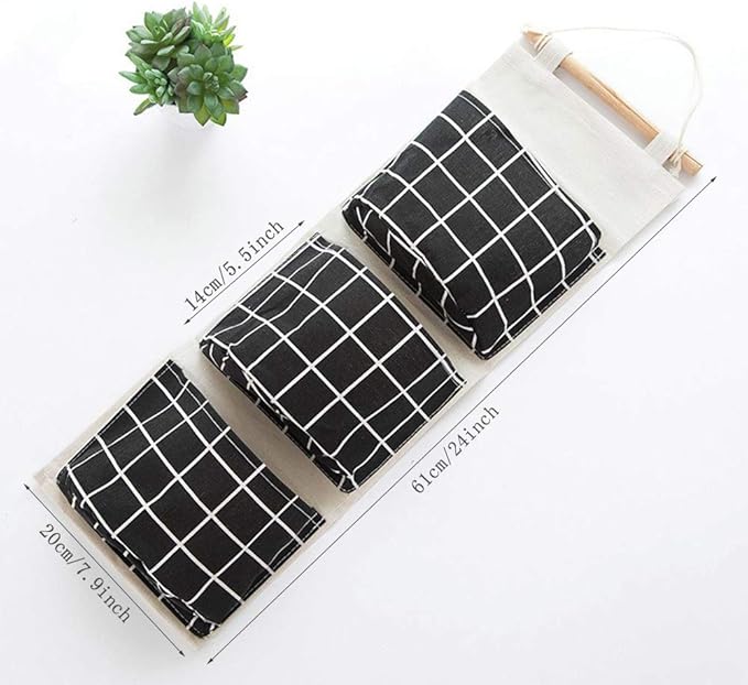 AUHOKY 3Pcs Wall Closet Hanging Storage Bag, Premium Linen Fabric Over The Door Organizer, Hanging Storage Pouches with 3 Pockets for Bedroom Bathroom - Waterproof & Stylish (Black/Gray/White)