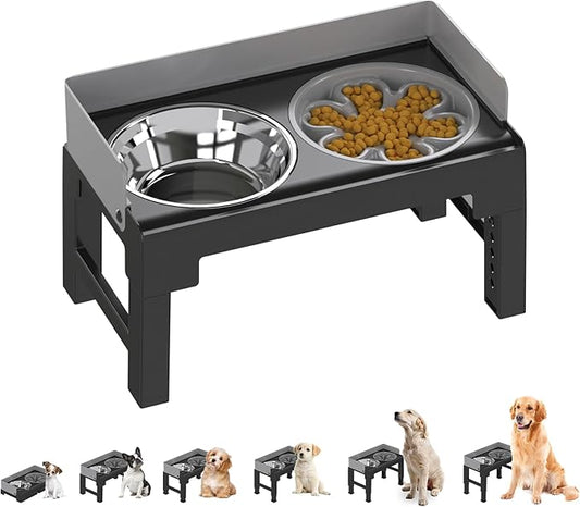PAKEWAY Elevated Dog Bowls, Spill Proof, Tiltable Dog Feeder with 1 Slow Feeder Bowl &1 Stainless Steel Bowl, 6 Height Adjustable Raised Dog Bowls Stand for Medium Large Dogs