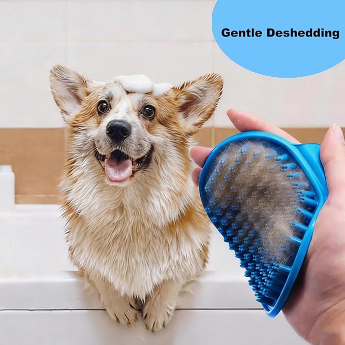 Metopets 4PCS Pet Bath Supplies for Dog and Cat, Dog Washing Glove & Dog Bath Brush, Adjustable Handle Dog Shampoo Brush for Short & Long Hair, Dog Bath Scrubber for Shower, Massage & Grooming