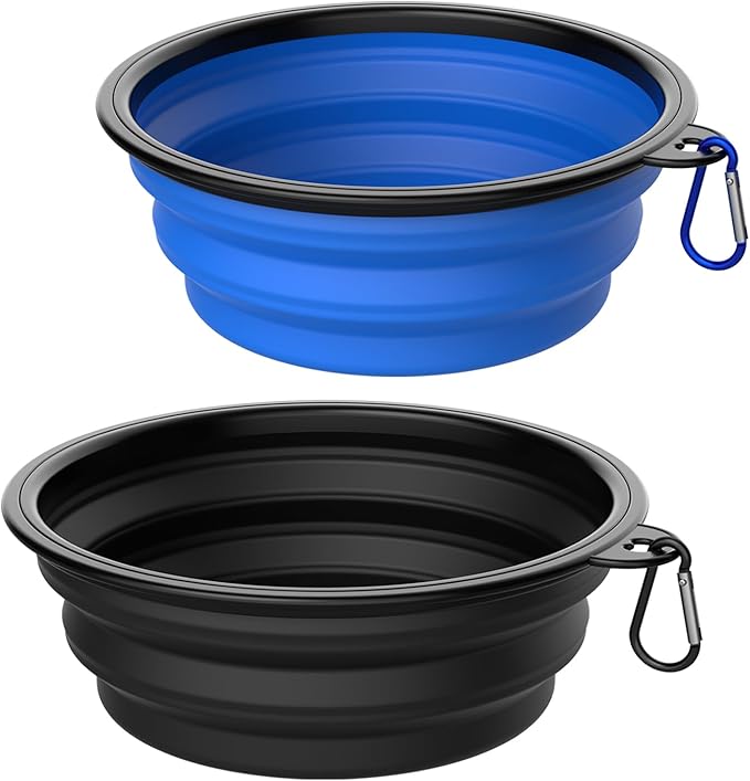 Takfox Collapsible Dog Bowls [2 Pack] 20 oz, Travel Dog Bowls, Pet Bowl Portable Foldable Water Food Feeding Dishes with Carabiner Clip for Traveling Hiking Walking-Black & Blue