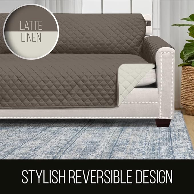 Sofa Shield Couch Slip Covers for Dogs, Reversible Furniture Protector with Strap, Stain and Tear Resistant Cushion Cover, 78 inch Seat, Machine Washable Slipcover Pets, Cats, Latte Linen