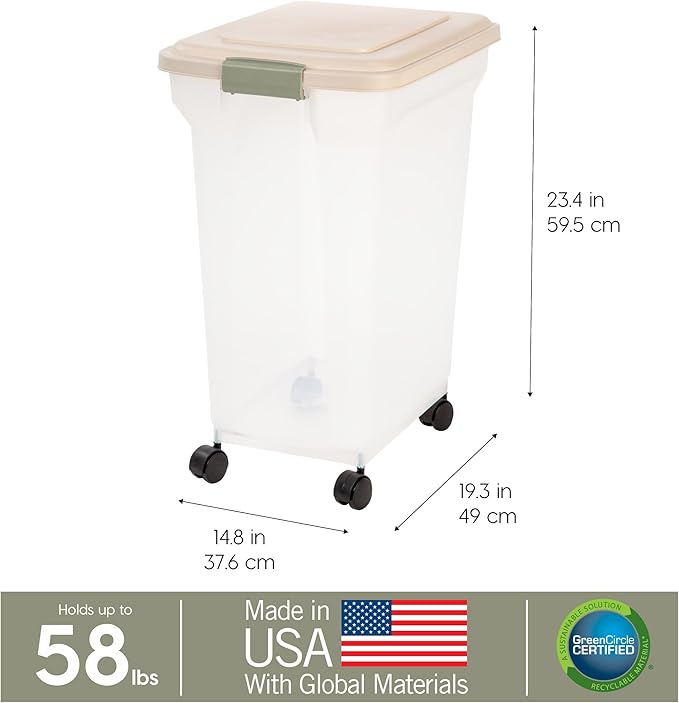 IRIS USA 58 Lbs / 67 Qt WeatherPro Airtight Pet Food Storage Container with Attachable Casters, For Dog Cat Bird and Other Pet Food Storage Bin, Keep Fresh, Translucent Body, Almond/Clear