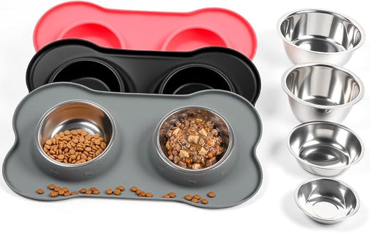 Medium Pet Feeding Station, 29oz Stainless Steel Dog Bowls Set, No Spill Food & Water Dishes with Non Slip Silicone Mat for Breeds Up to 55 Lbs, Grey