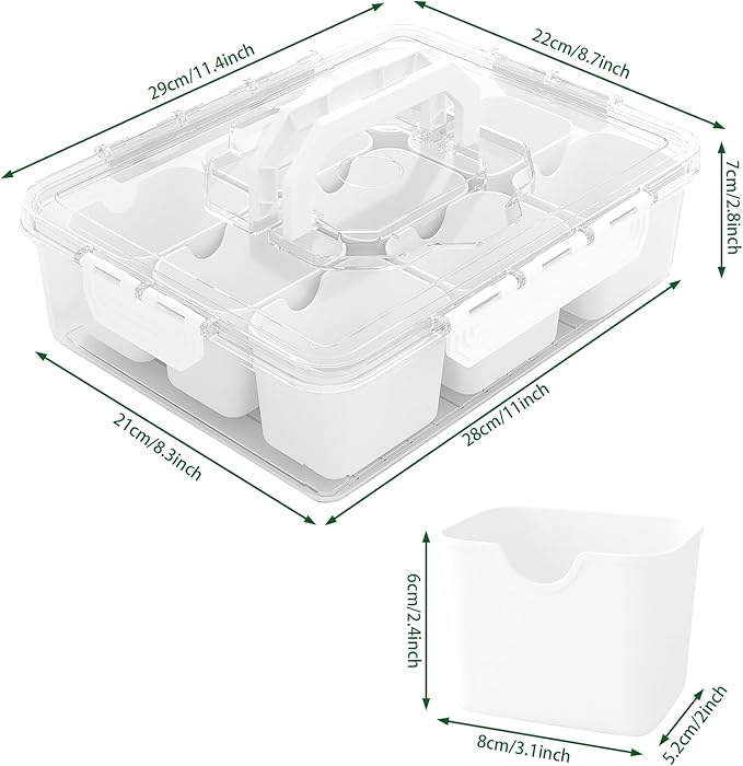 REBECAT Divided Serving Tray with Lid and Handles 9 Compartments Snack Box Container Charcuterie Organizer Snackle Box Container for Candy,Nuts，Fruits,Snacks,2 Pack,White