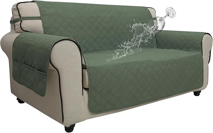 Easy-Going Waterproof Oversized Loveseat Covers Leakproof Couch Cover for 2 Cushion Couch Sofa Cover Washable Sofa Slipcover Non-Slip Furniture Protector with Pocket for Pet(Medium-XL, Greyish Green)