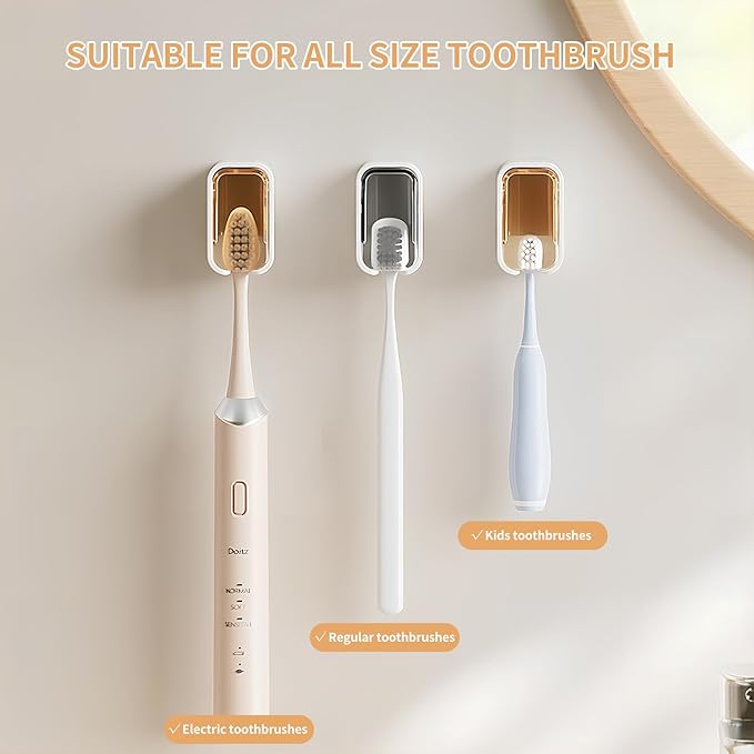 Wall Mounted Toothbrush Holders for Bathroom,Strong Self Adhesive Tooth Brush Holder with Cover, Toothbrush Heads Organizer for Family, 2 Pcs