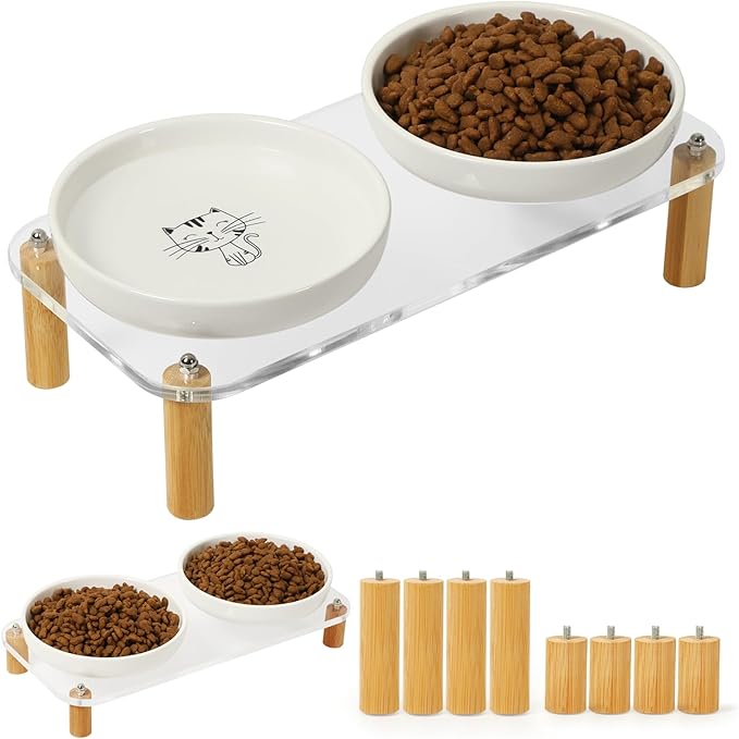 Elevated Cat Bowls for Indoor Cats – Modern Acrylic Cat Food Table with 2 Ceramic Dishes, Adjustable Height (4.05"/2.87"), Set of 1