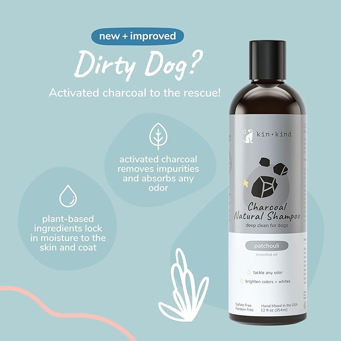 kin+kind Dog Shampoo with Activated Charcoal - Deep Clean Deodorizing Dog Shampoo for Dirt, Odor & Itch Relief - Gentle Grooming Pet Supplies with Aloe, Olive Oil & Coconut Oil - Patchouli 12 fl oz